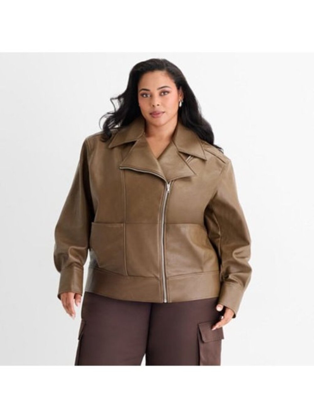 Ashley Graham Light Brown Faux Leather Moto Jacket 2X With Tags - Picture 2 of 6